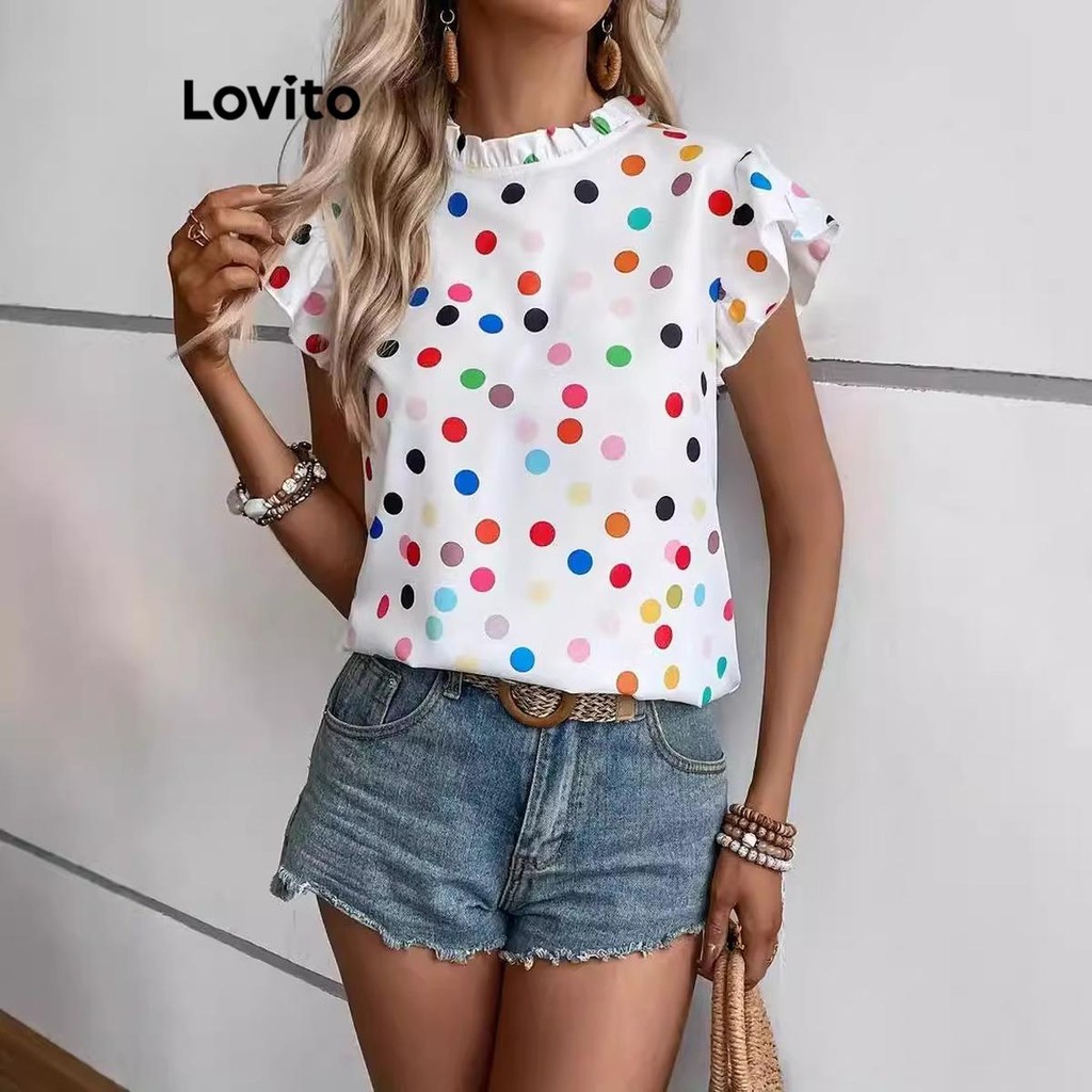 Lovito เสื้อเบลาส์ลายจุดนูนลำลองสำหรับผู้หญิง LNL79412