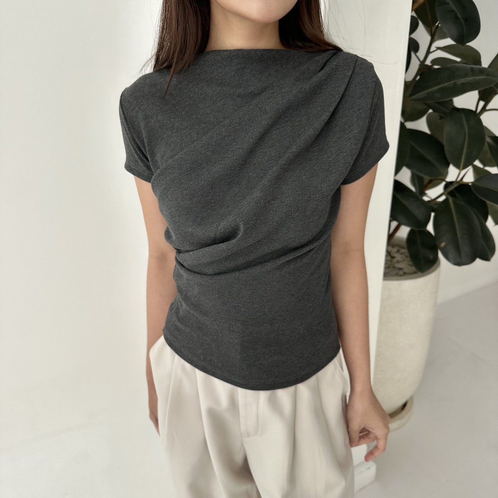 TARA TOP - Womens Basic Short Sleeve Boat Neck Korean Top Summer Knit Rib Long Short Sleeve Posha Shirt