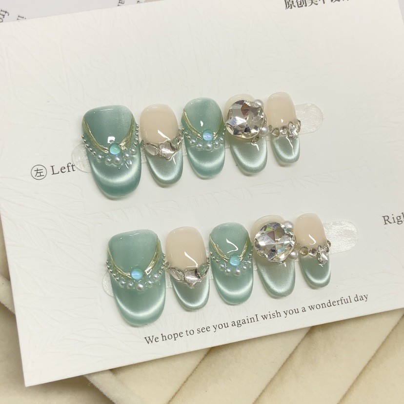 Sophiaura เล็บปลอมทําด้วยมือ Cat Eye Desgn สีเขียวสั้นรูปร่างสแควร์สั้นรูปไข่รูปร่างเล็บปลอม Handmade กดบนเล็บกาวเล็บประดิษฐ์เล็บ