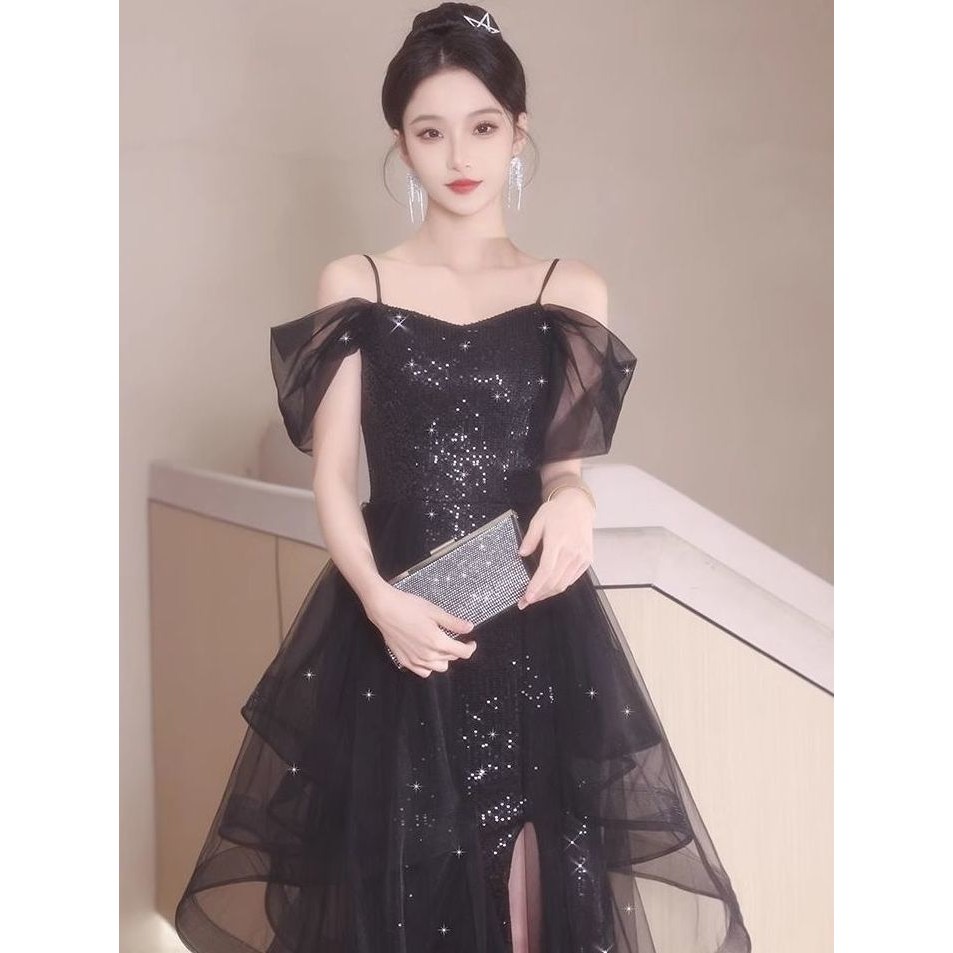 ชุดราตรีสีดํา High-End วันเกิดจัดเลี้ยงอารมณ์นักเรียน Art Exam Performance ของขวัญผู้ใหญ่ Niche Bright ประกายชุด lf10.14 - รูปที่ 4