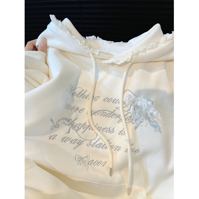 American hooded sweater for Women Retro alphabet Spring and Autumn LACE-collared blouse