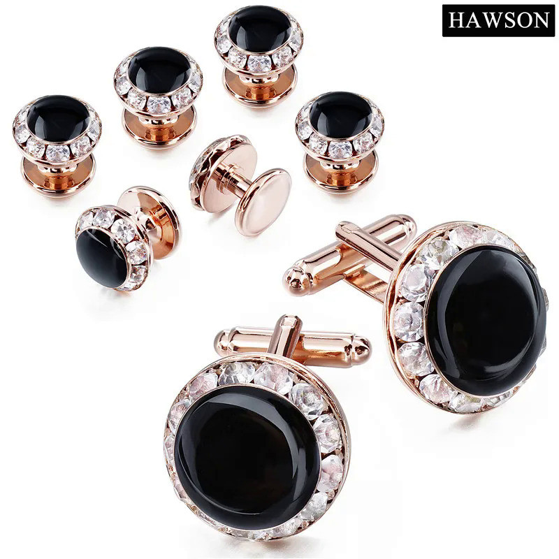HAWSON Luxury Crystal Cuff links and Studs Set for Tuxedo Mens Accessory Wedding Cufflinks Cufflink 