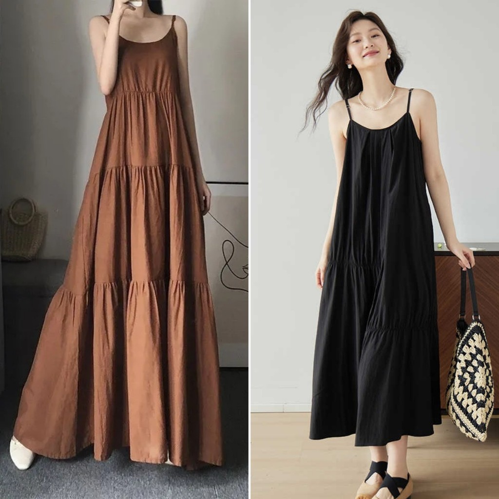 Betty house🌸พร้อมส่ง ชุดเดรสสายเดี่ยวผู้หญิง ชุดหลวม ๆ เดรสยาวเซ็กซี่ ดีไซน์จีบ สีทึบ ลําลองหลวม ๆ