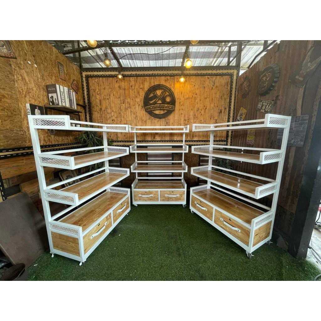 IRONSERVICE : ชั้นวางของแบบลอย 4 ชั้น มีลิ้นชัก พื้นไม้ :"ทำจากเหล็กกันสนิม ไม้แท้เคลือบเงาใส ตกแต่ง