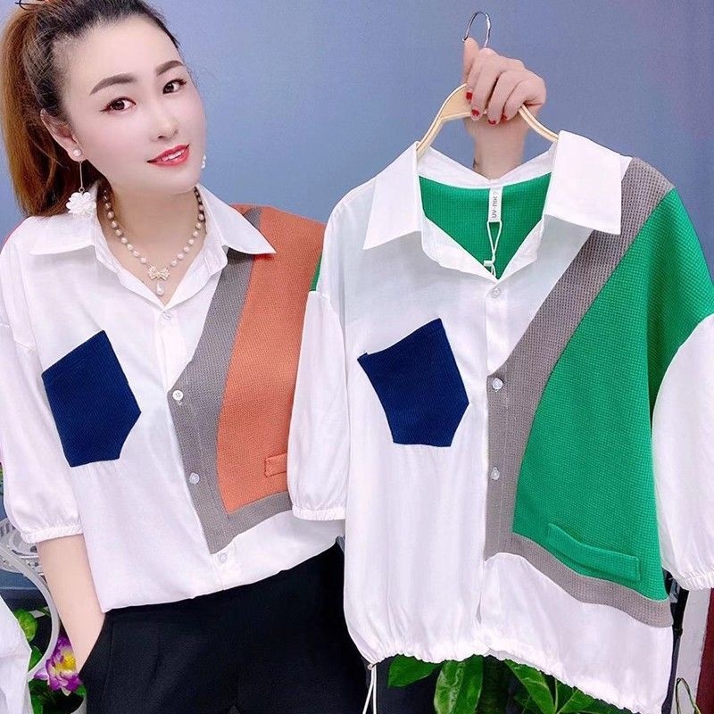 [Annie] เสื้อเชิ้ตแขนสั้นเย็บต่อผู้หญิงฤดูร้อนระดับไฮเอนด์เสื้อโปโลแฟชั่นทรงหลวมดีไซน์สไตล์ตะวันตกเสื้อตัวเล็กเก๋ไม่ซ้ำใคร