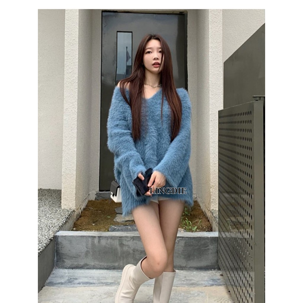 หลิงดี้ ใหม่มิงค์กํามะหยี่คอวีเสื้อกันหนาวสไตล์ขี้เกียจหลวมยาวนุ่มขี้ผึ้งถักเสื้อเสื้อกันหนาวสําหรับผู้หญิง