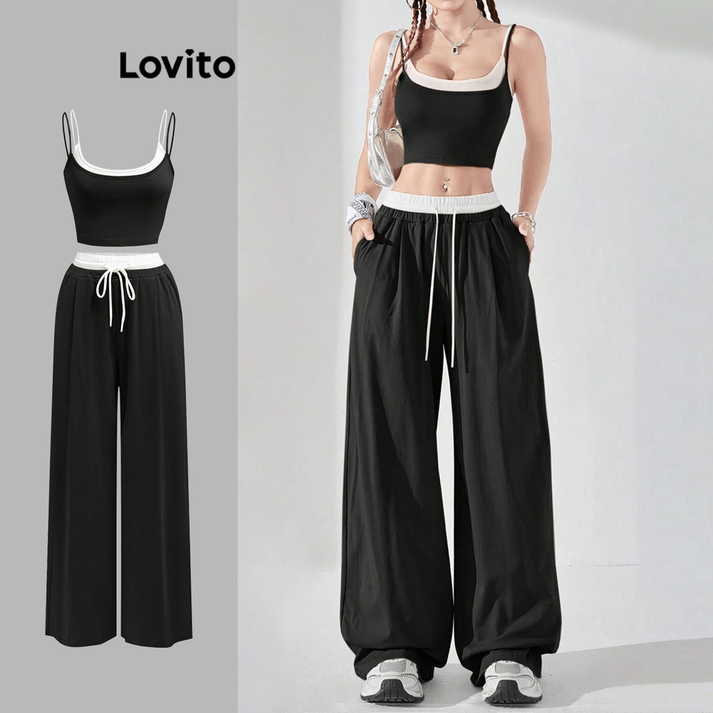 Lovito ชุดกางเกงหูรูด 2 In 1 สำหรับผู้หญิงแบบสบาย ๆ L106AD083