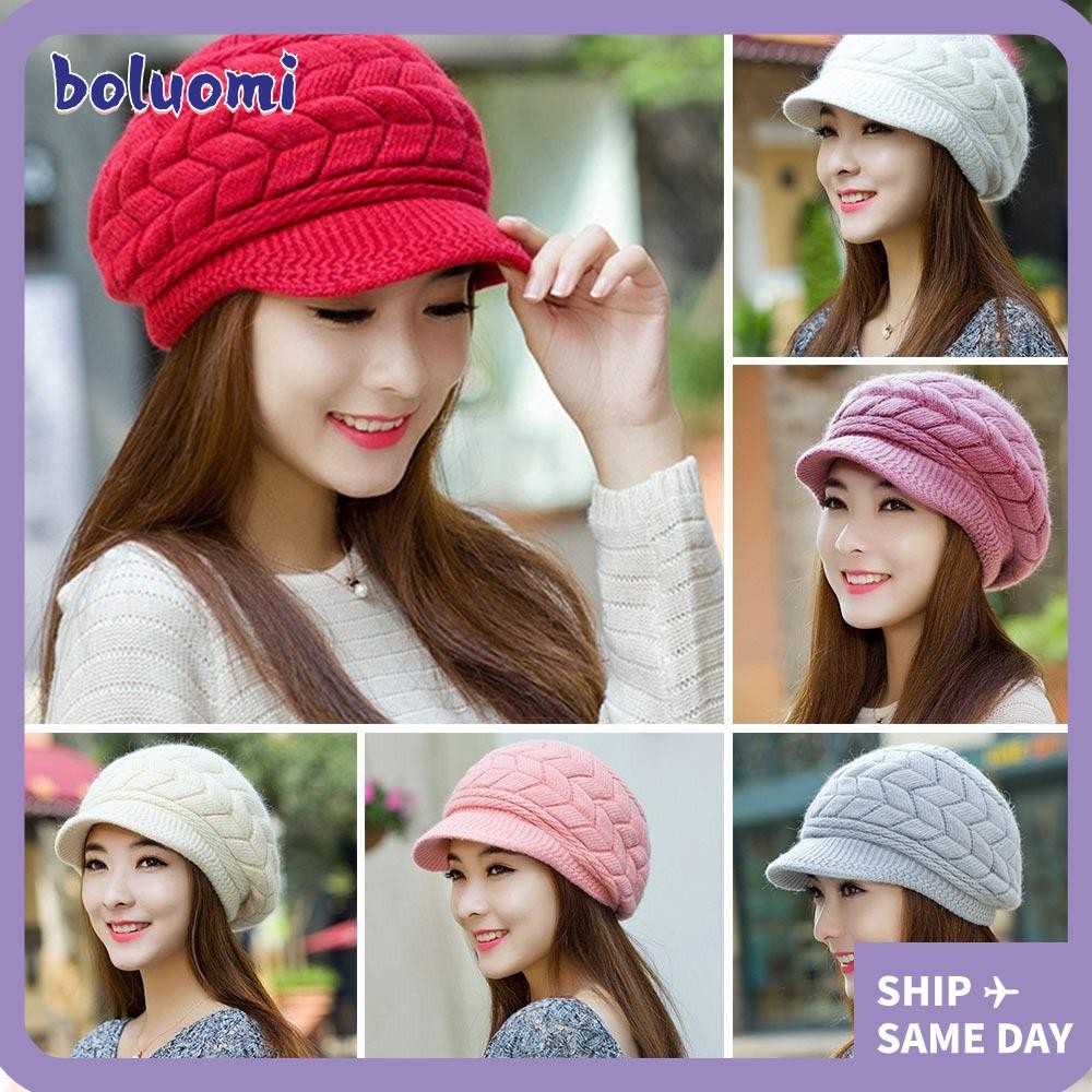โบลูโอมิ หมวกขนสัตว์ถัก,ป้องกันหูให้อบอุ่นหมวกเบเร่ต์,ลําลองหนาขนสัตว์ กันลม หมวกฤดูหนาวสําหรับผู้หญิง