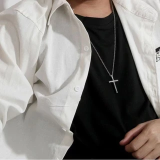 สร้อยคอ TY จี้ไม้กางเขนไร้สี เงิน เครื่องประดับสำหรับผู้ชายและผู้หญิง พร้อมโซ่กล่องสแตนเลส