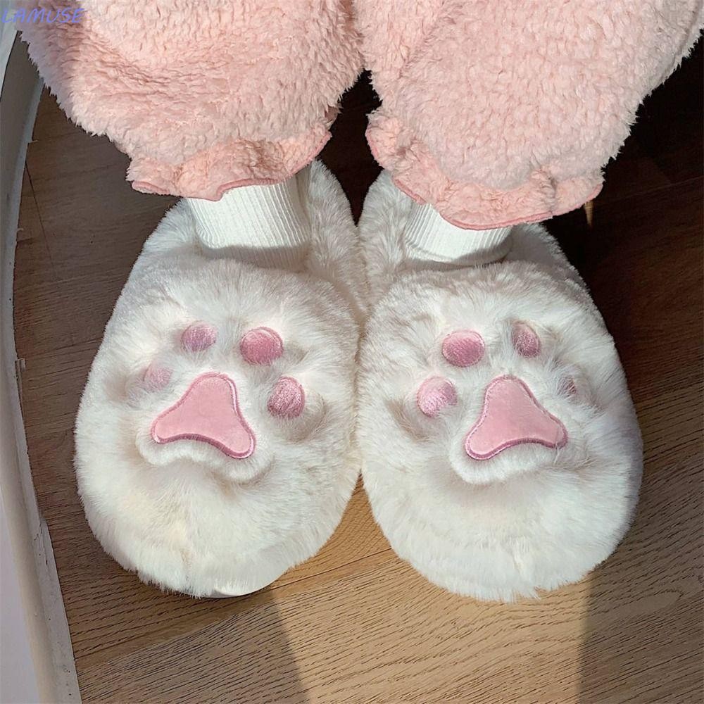 ลามูเซ รองเท้าแตะตีนแมวตุ๊กตา,รองเท้าแตะกรงเล็บแมวน่ารักสร้างสรรค์,โคซี่คิตตี้พื้นหนาสัตว์ฤดูหนาวปุยสไลด์บ้าน