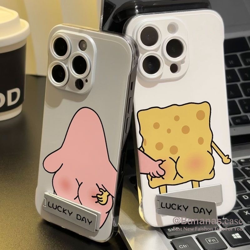 Iphone 16 15 14 13 12 11 Pro Max X Xr Xs Max 7 8 Plus SE2020 เคสโทรศัพท์การ์ตูน Spongebob + ขาตั้งโลหะปกแข็ง