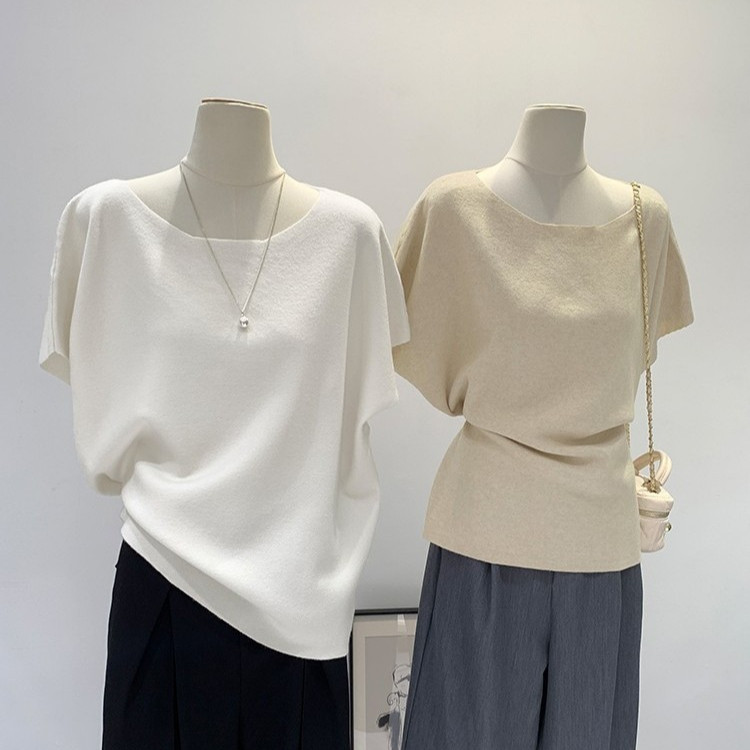 79973 สีทึบหลวมตุ๊กตาแขนถักแขนสั้นเสื้อยืด