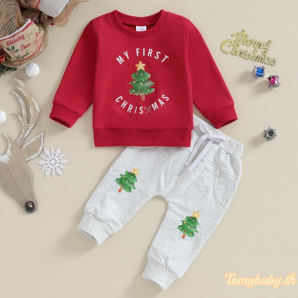 Tomybaby-เด็กทารกชุดคริสต์มาสxmas Treeตัวอักษรพิมพ์แขนยาวลูกเรือคอเสื้อกันหนาว + ชุดกางเกงขายาว