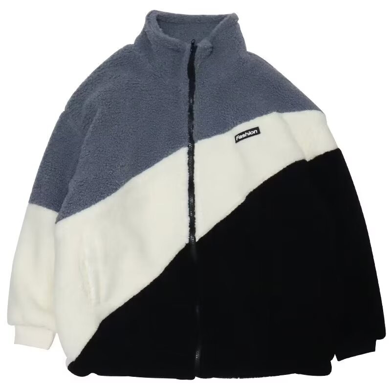 Esea Winter Coat Stand Collar Color Matching Lamb Wool ขนแกะเรียงรายหนาหลวมใหม่