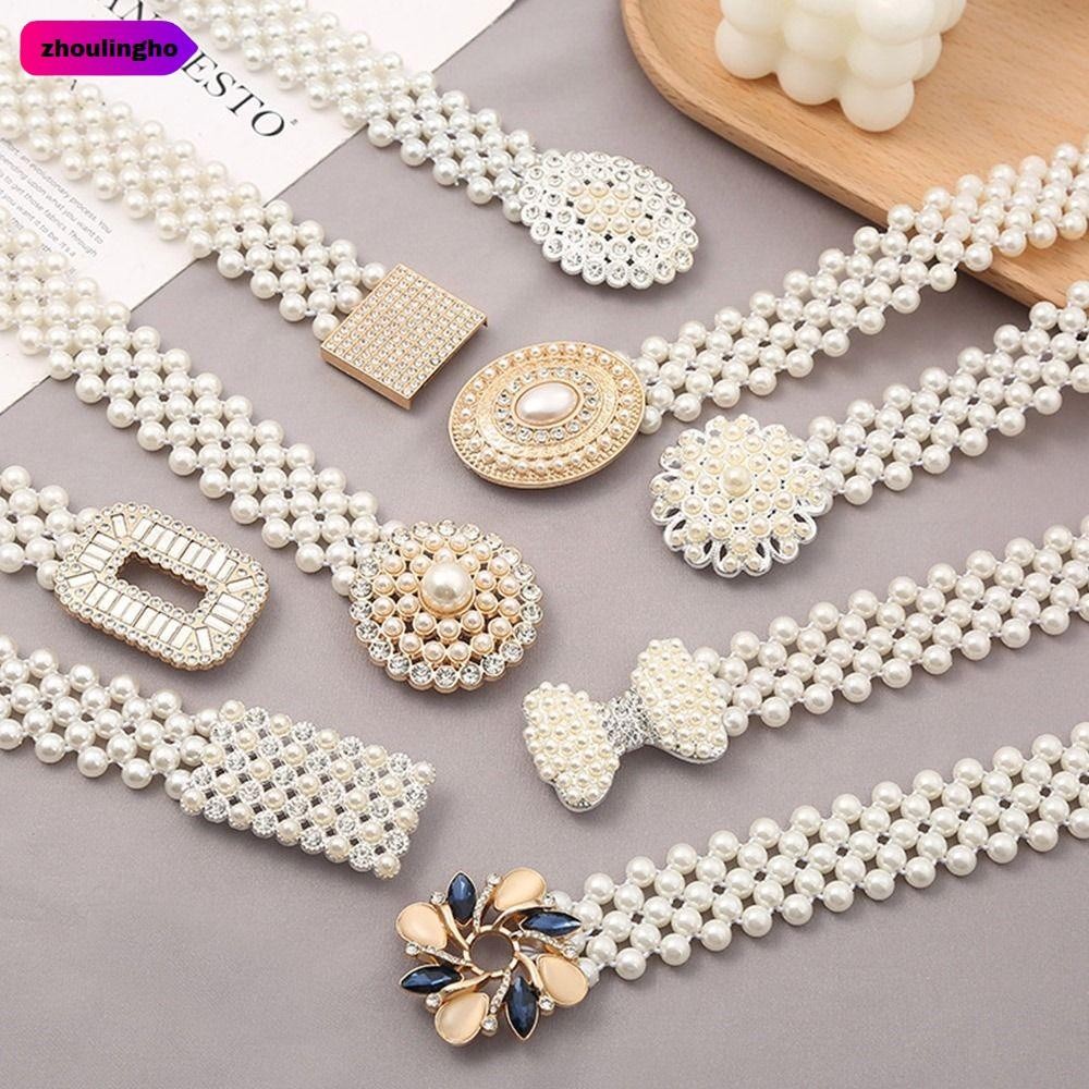 เข็มขัดเอวมุกสำหรับสตรี ยืดหยุ่น มุกเทียม แฟชั่นหรูจากโจวหลิงโฮ