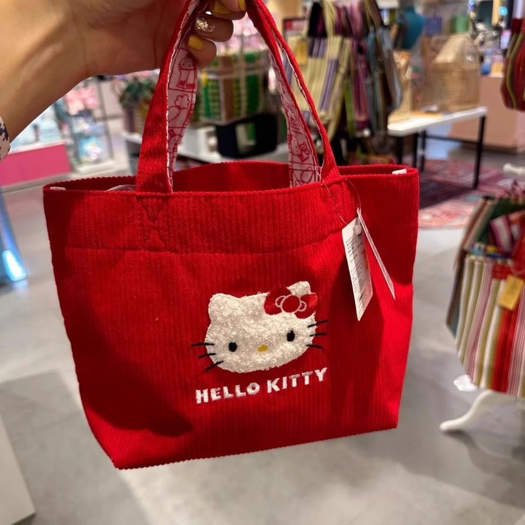 กระเป๋าถือคิตตี้น่ารัก Corduroy ความจุขนาดใหญ่ Girly Heart Small Tote แบบพกพา Outing Bento