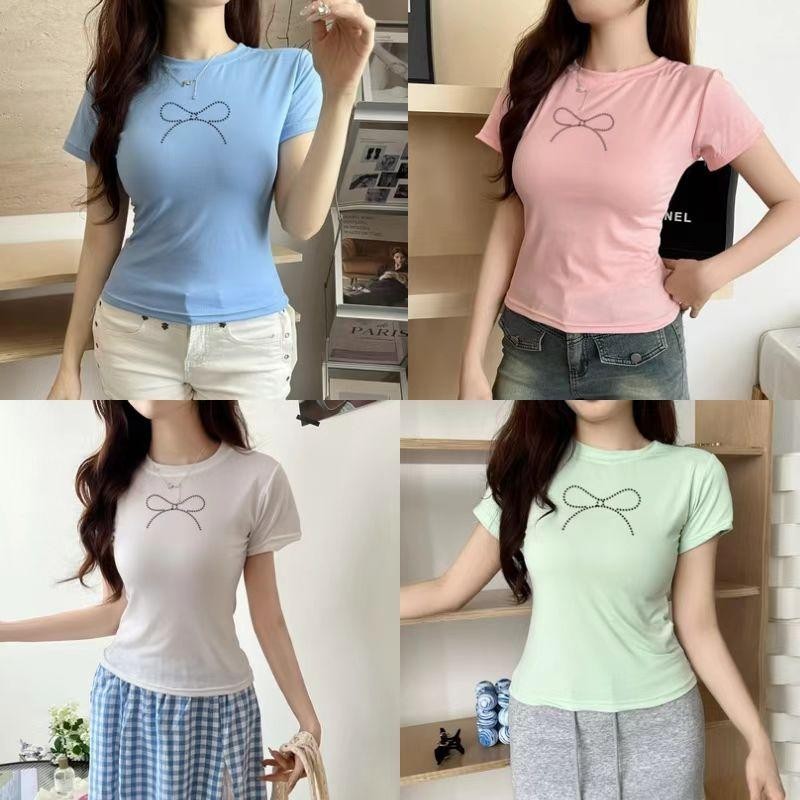 G01-08 เสื้อยืดสีดำแขนสั้นพิมพ์ลายโบว์จุด สุดน่ารัก แนวเกาหลี หลายไซส์ ผ้านิ่มสวมใส่สบาย ใส่ได้ทุกโอกาส ราคาถูก