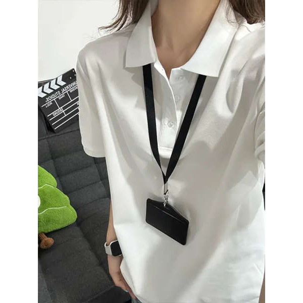 fallen angels comfyhomies เสื้อโปโลไหล่สีขาวแขนสั้นเสื้อยืดคอปกทรงหลวมสำหรับผู้หญิงฤดูร้อนระดับไฮเอน