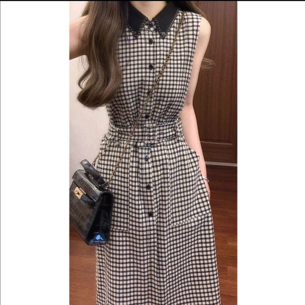 XUWEN กรกฎาคมชุดผมตรง [หนังสือพิมพ์ภาพ Wesby] ชุดเดรสตรวจสอบเย็บด้วยมือสไตล์มินิมอลเสื้อกั๊กเอวแคบกร