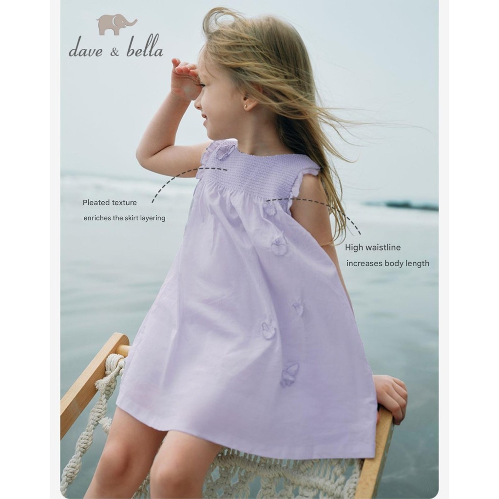 Dave Bella 9M-12Y ชุดเดรสเด็กผู้หญิง ผ้าฝ้ายแท้ ฤดูร้อน การตกแต่งรูปผีเสื้อสามมิติ น่ารัก DB2234181