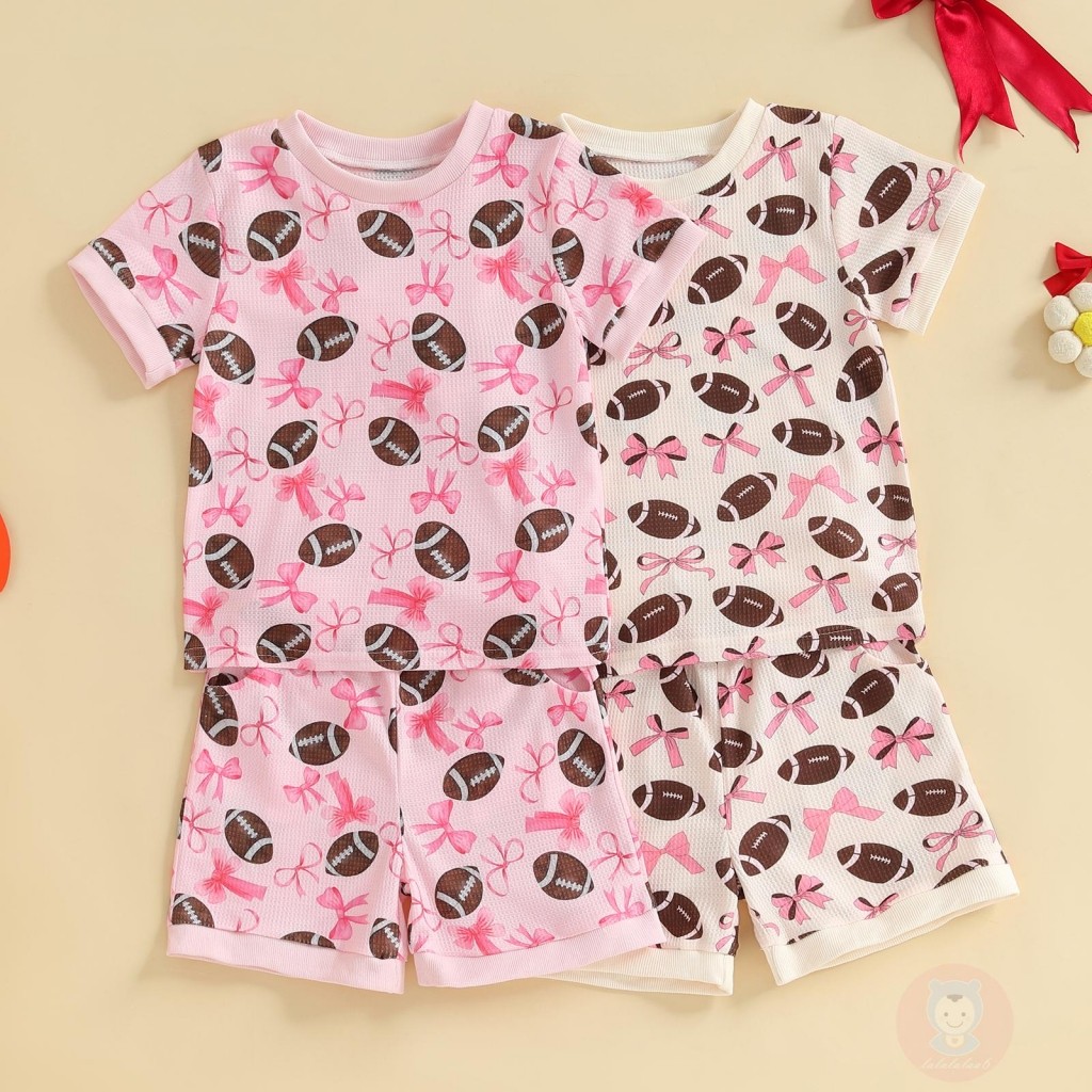 LAA6-Kids Girls Rugby Bow Print Short Sleeve Crew Neck T-shirt with Shorts Summer Outfit