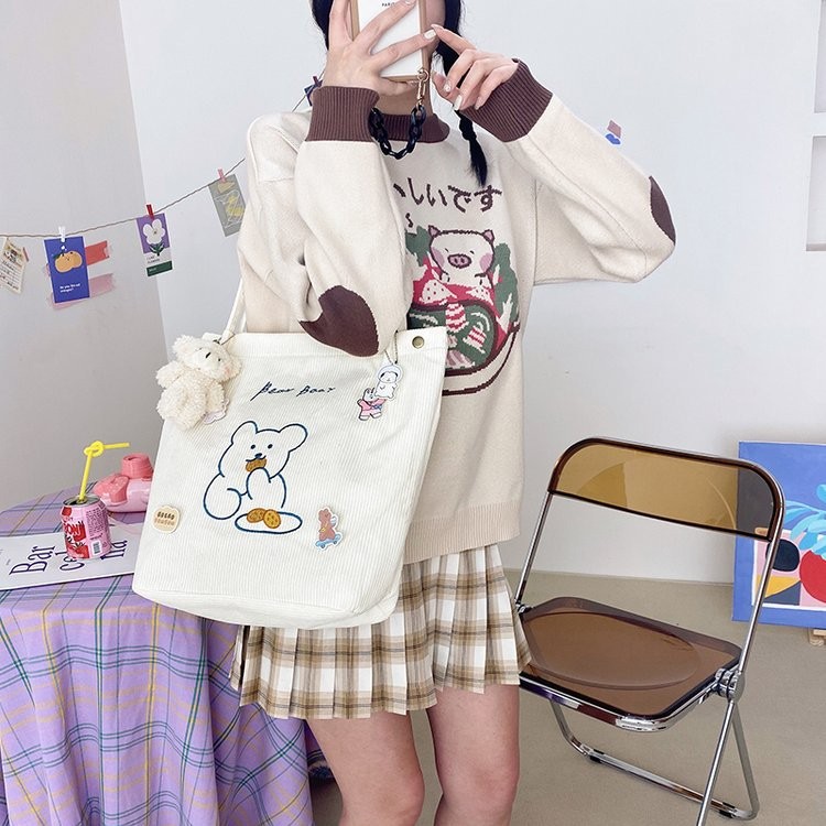 HC010 Bear Boat Corduroy Tote Bag กระเป๋าสะพายสตรี Bear Motif กระเป๋าผ้าใบสไตล์ผู้หญิงสไตล์เกาหลี