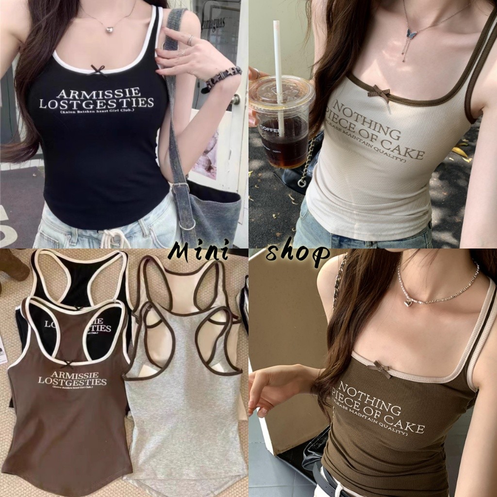 Mini shop🌸พร้อมส่ง🌸(FY746-P) เสื้อกล้ามคอกลม มีฟองน้ำ ดีเทลตัวอักษร สีพื้นเรียบๆ เกาหลีน่ารัก
