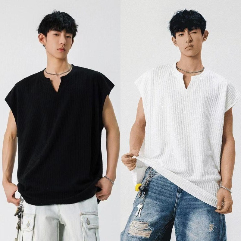 คุณภาพสูงเสื้อกล้ามผู้ชายแขนสั้นเสื้อกล้ามยิมคอวีอเนกประสงค์สไตล์เกาหลีหลวมแฟชั่นเสื้อกล้ามธรรมดาเสื้อกล้าม