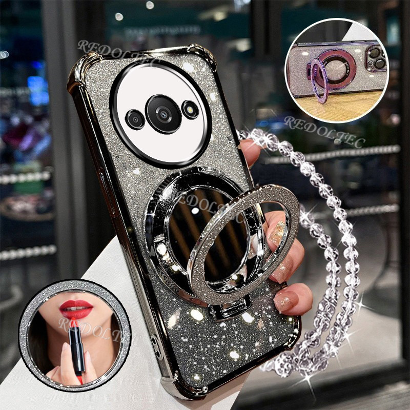 เคส Redmi A3 POCO C61 ใหม่Gradient Glitterปลอกพร้อมกระจกแต่งหน้าที่วางขาตั้งแม่เหล็กXiaomi RedmiA3 POCOC61 ตัวป้องกันเลนส์พร้อมวงเล็บเชือกเส้นเล็กฝาครอบโทรศัพท์กันกระแทก