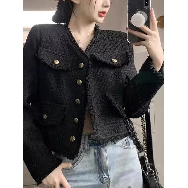สไตล์หรูหรา เสื้อทวิต เสื้อแขนยาว สีดํา ผู้หญิง แจ็คเก็ต คาร์ดิแกน กระดุม ด้านหน้า พ็อกเก็ต ราคา ถูกที่สุด ดีลบีเคเค แกลเลอรีภาพที่ 8