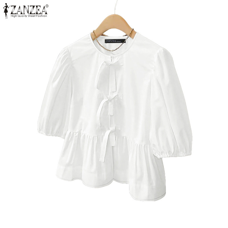 ZANZEA เสื้อผ้าแฟชันเกาหลีในฤดูร้อน ดีไซน์คอพัฟและสายคล้องแขนแบบเชือกรองเท้า ทรงเหมือนตุ๊กตา