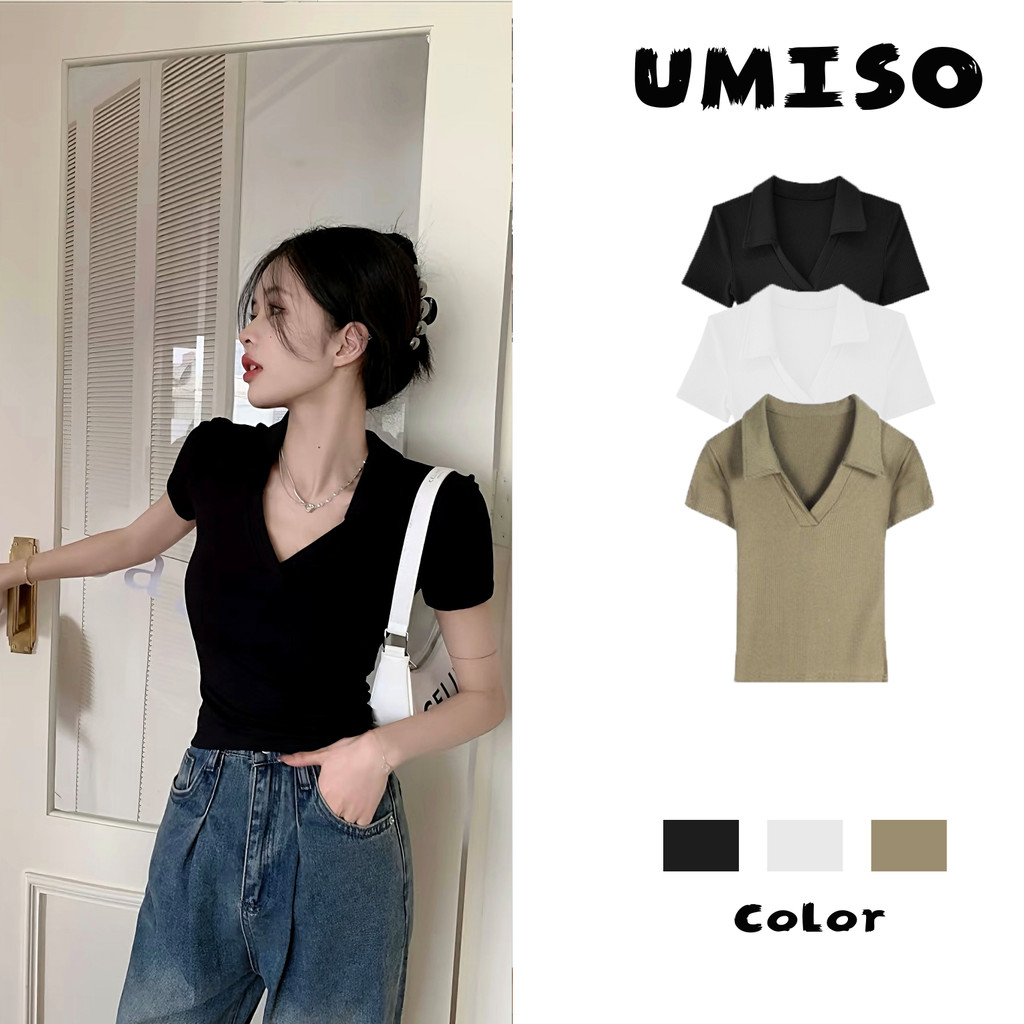 พร้อมส่ง เสื้อโปโลฤดูร้อนสำหรับผู้หญิง แขนสั้น   เสื้อผ้าแฟชั่นเกาหลี  ใส่เที่ยว ใส่ทํางาน Umiso