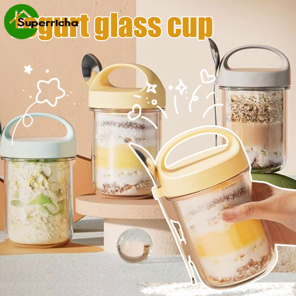 [H&L]Minimalist Overnight Oats Cup with Spoon – โถแก้วไมโครเวฟ-Safe, 4 สีสําหรับอาหารเช้า Meal Prep, BPA-Free PP Lid & Stainless Steel Accents