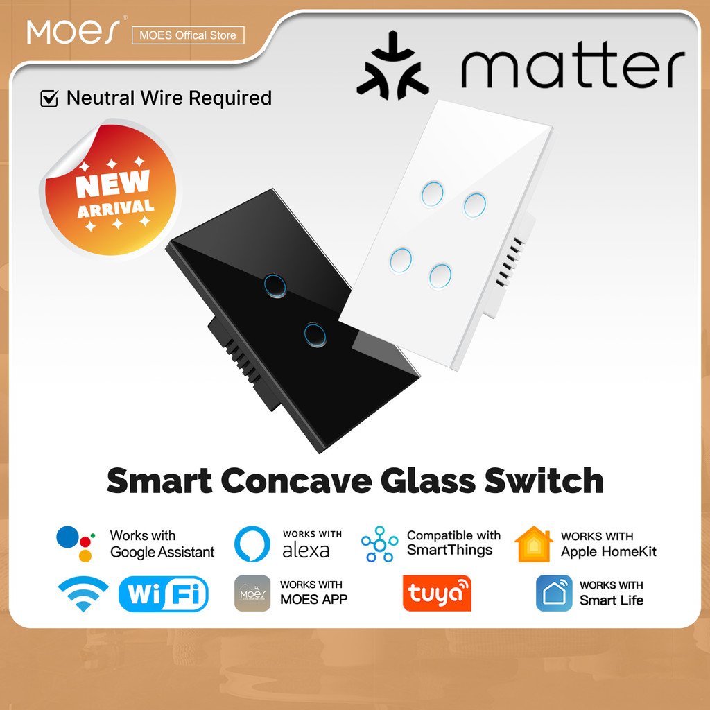 MOES Tuya Matter WiFi สวิตช์กระจกเว้า US Smart Light พร้อม Alexa Google Home Apple Home Smartthings Neutral Wire ที่ต้องการ