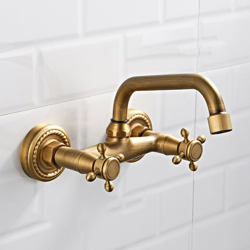 ก๊อกน้ําอ่างล้างหน้าในห้องน้ําแบบติดผนังทองเหลืองโบราณ360° หมุน Double Handle Hot Cold Mixer Tap maa092
