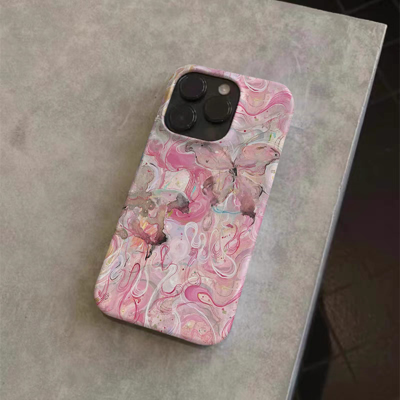 ภาพวาดสีน้ํามันสีชมพูผีเสื้อที่สวยงามเคสโทรศัพท์แข็งเหมาะสําหรับ iPhone 16promax 15promax 16 15 14 p