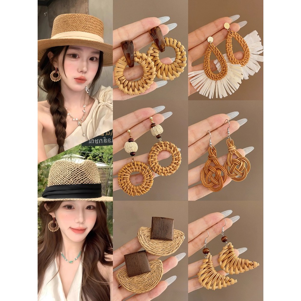 ต่างหูถักฟางโบฮีเมียนหน้าระดับไฮเอนด์ต่างหูขนาดเล็กต่างหู