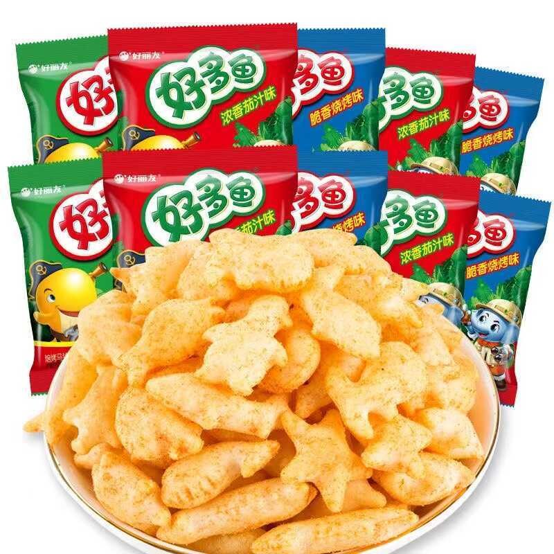 好丽友好多鱼儿童零食薯片饼干解馋膨化番茄烧烤味零食海苔解馋Hao Liyou, many fish, children's snacks, potato chips, cookies, and mor