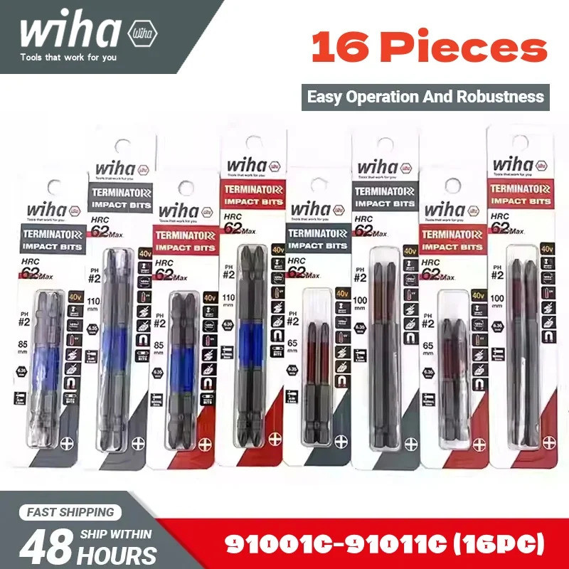 Wiha 2PC 16PC ไขควงชุด Bit 1/4 นิ้วหกเหลี่ยม Shank Anti Slip เจาะ Bit PH2 ความยาว 65/85/100 มม.เครื่