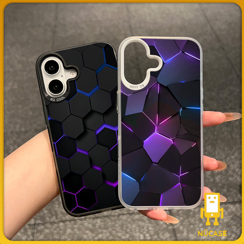 NüCase ส่งจากไทย สีดำหรูหราซิลิโคนแข็งกรณีโทรศัพท์ หกเหลี่ยมสีดำ-น้ำเงิน-ม่วง for IPhone 13 15 7Plus 14 12 11 Pro MAX