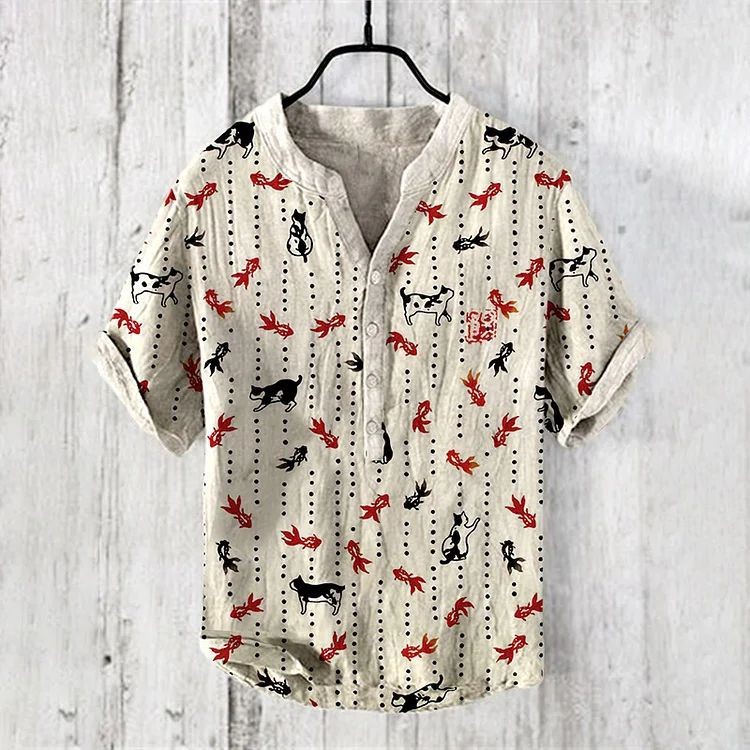 เสื้อเชิ้ตแขนสั้นผ้าลินิน ลายพิมพ์ศิลปะแบบคอวี สไตล์จีนสำหรับผู้ชาย