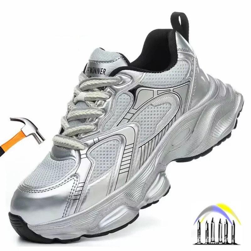 รองเท้าเซฟตี้แสงอัลตร้าผู้หญิงรองเท้าทํางานระบายอากาศเพิ่มความสูง 5 ซม. รองเท้าผ้าใบทํางานพร้อมนิ้วเ