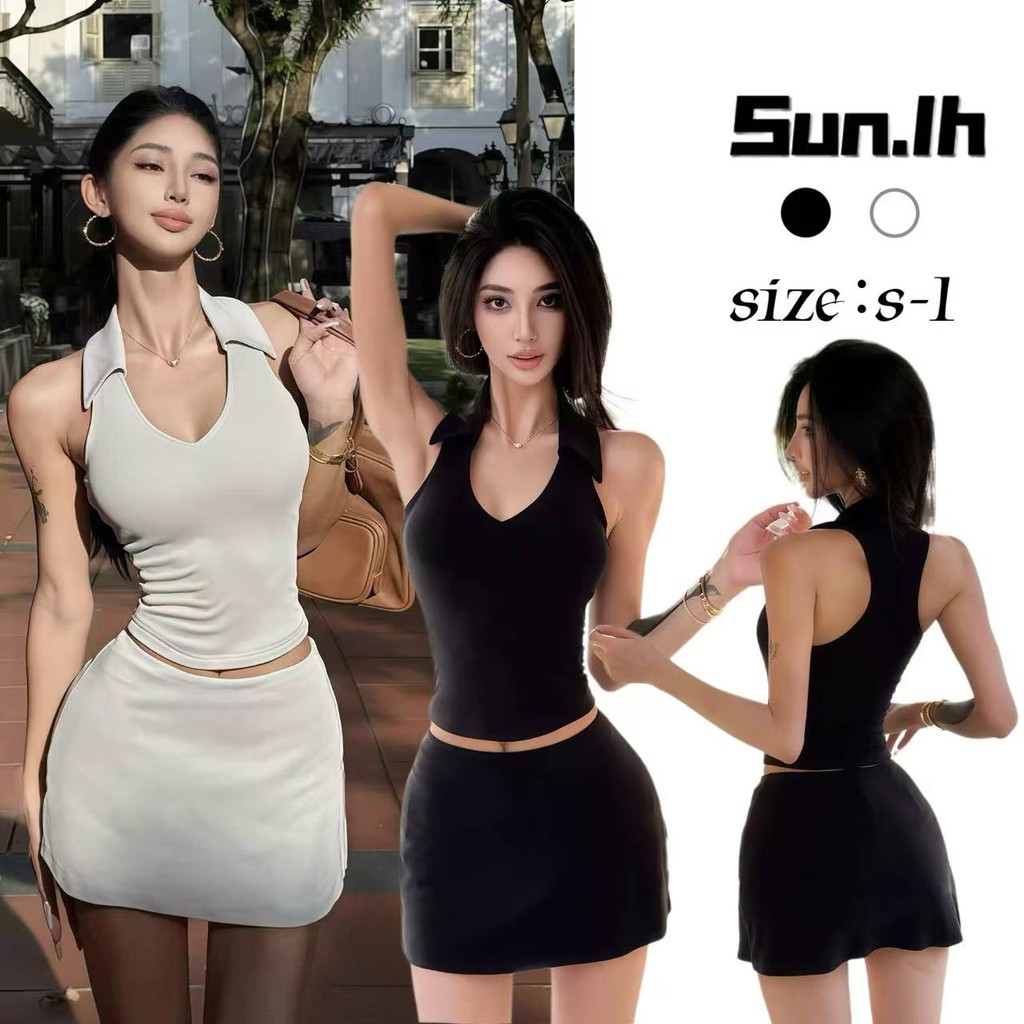 SUN🛍️พร้อมส่ง🛍️เสื้อกล้ามคอวีสไตล์สปอร์ตสุดเซ็กซี่สำหรับผู้หญิงในช่วงฤดูร้อนสไตล์ใหม่เอวสูงกระโปรงรัดรูปสะโพกสองชิ้น