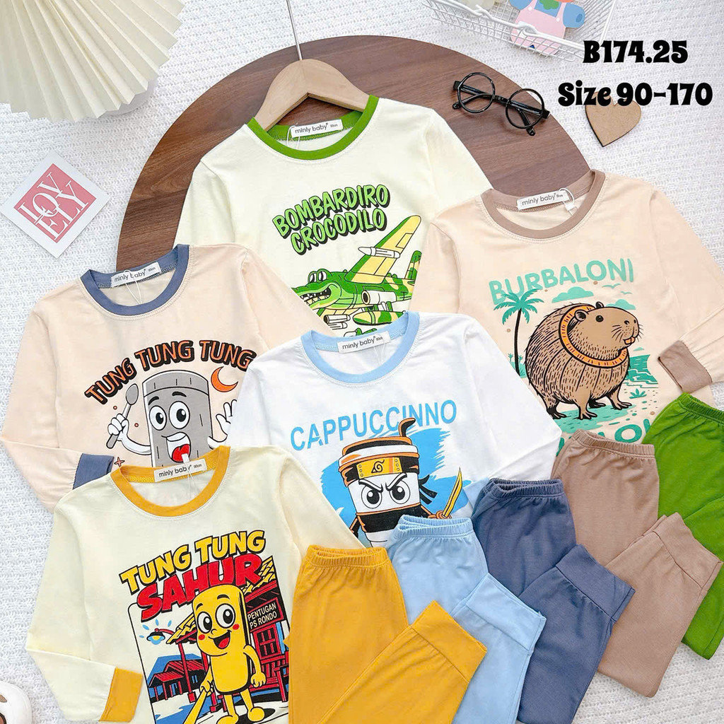 Min Tung sahur ชุดเสื้อกันหนาวแขนยาวเนื้อนุ่มลายร้อนสําหรับเด็กผู้ชายตั้งแต่ 7-17กก