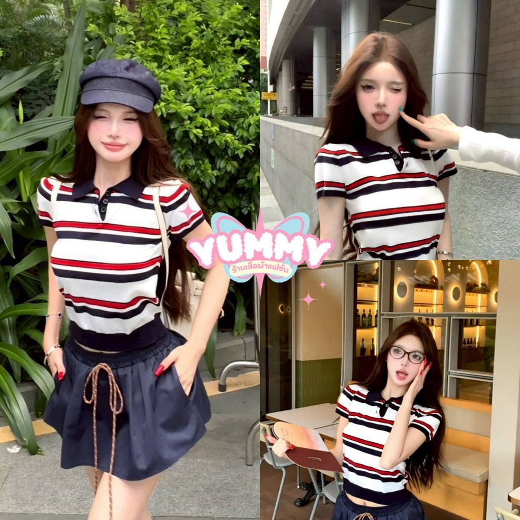 เสื้อครอปแขนสั้น คอปก ผ้าไหมพรม ดีเทลลายสไตล์เกาหลี มินิมอลน่ารัก (ฟรีไซส์)