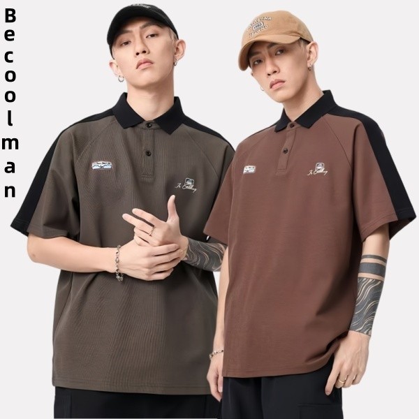 💥BECoolMan💥เสื้อโปโลอเมริกันชน ความสะดวกสบาย หน้าร้อนผู้ชายหลวมบวกขนาดแขนสั้น