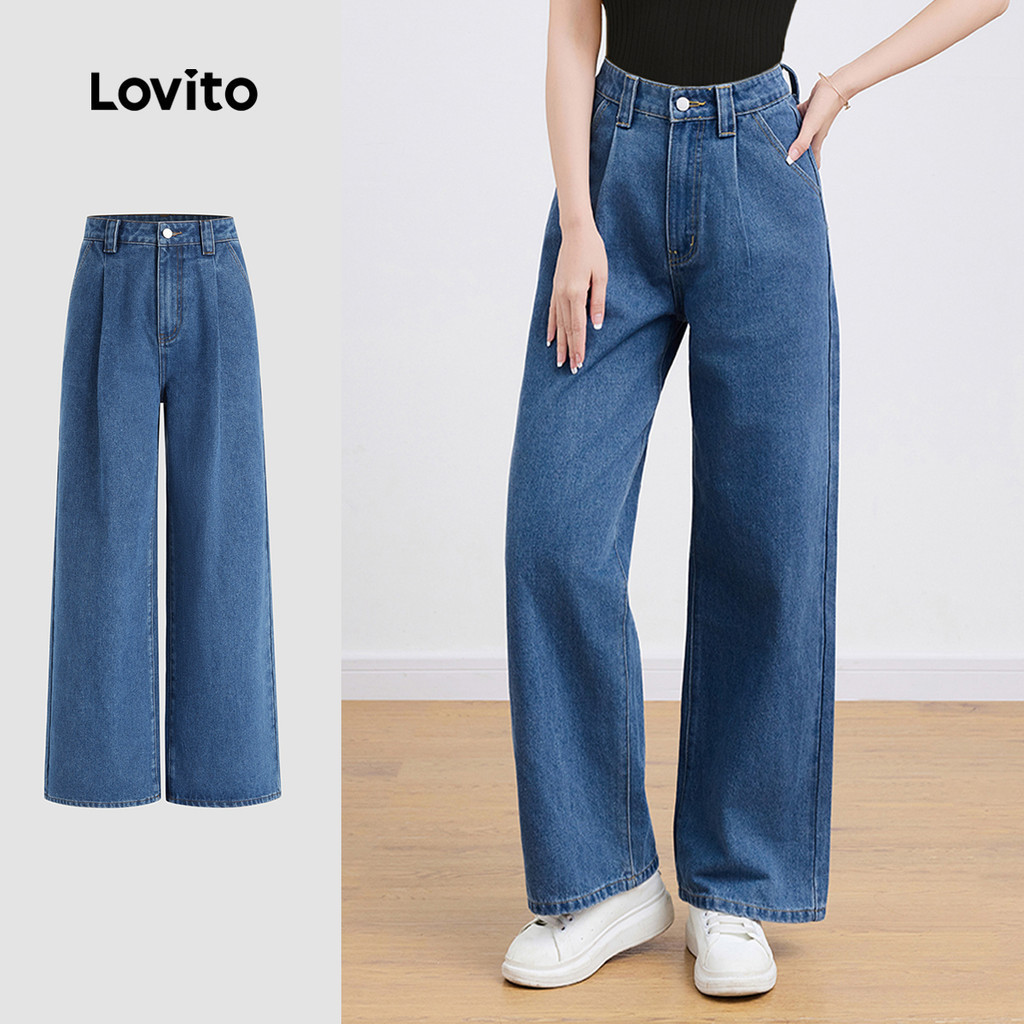 Lovito กางเกงยีนส์ผู้หญิง ทรงลำลองสีพื้น L106AD085