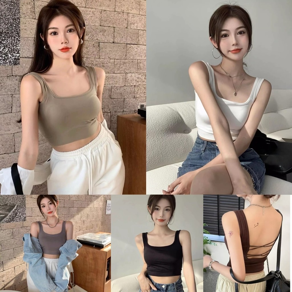 🍒MKL🍒พร้อมส่ง เสื้อกล้ามครอป สายเดี่ยวบรา เว้าหลังไขว้เชือก สีพื้น ผ้านุ่มยืด มีฟองน้ำเย็บติดในตัว สไตล์อเมริกัน#J691