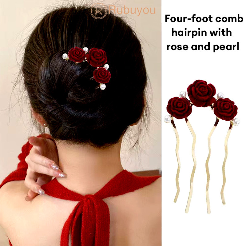 Rubuyou กิ๊บติดผมไข่มุกกุหลาบสไตล์จีนระดับไฮเอนด์สำหรับผู้หญิง-COD