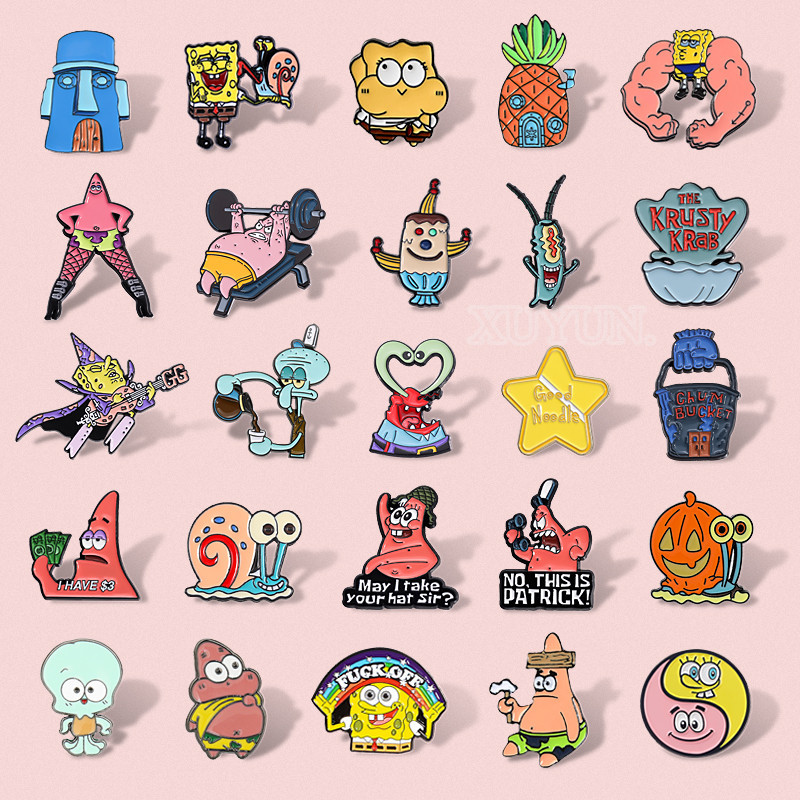 35 รูปแบบอะนิเมะ สพันจ์บ็อบ เข็มกลัดเคลือบตัวการ์ตูนน่ารัก กางเกงทรงสี่เหลี่ยม ดาวป้ายโลหะเสื้อผ้าอุปกรณ์เสริมของขวัญสําหรับเพื่อน